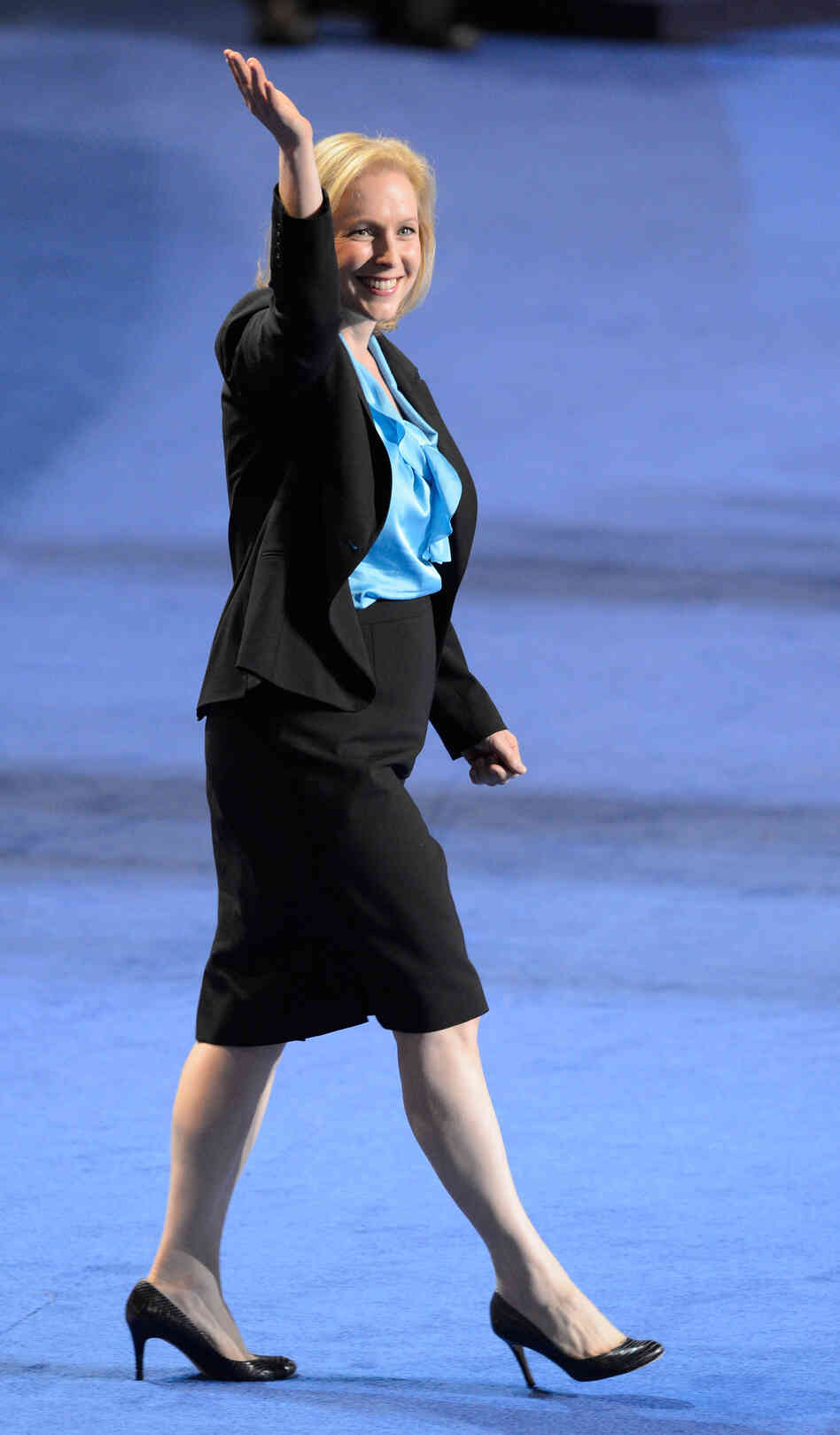 U.S. Democratic Sen. Kirsten Gillibrand of New York waves as she takes the stage at the Democratic National Convention in Charlotte, N.C., earlier this month.