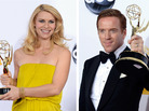 Claire Danes and Damian Lewis hold up their Emmy Awards for Showtime's Homeland. Claire Danes and Damian Lewis hold up their Emmy Awards for Showtime's Homeland.