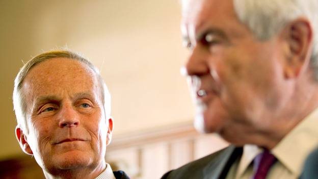 Missouri Senate candidate Rep. Todd Akin is joined by former House Speaker Newt Gingrich at an Akin campaign event Monday in Kirkwood, Mo.