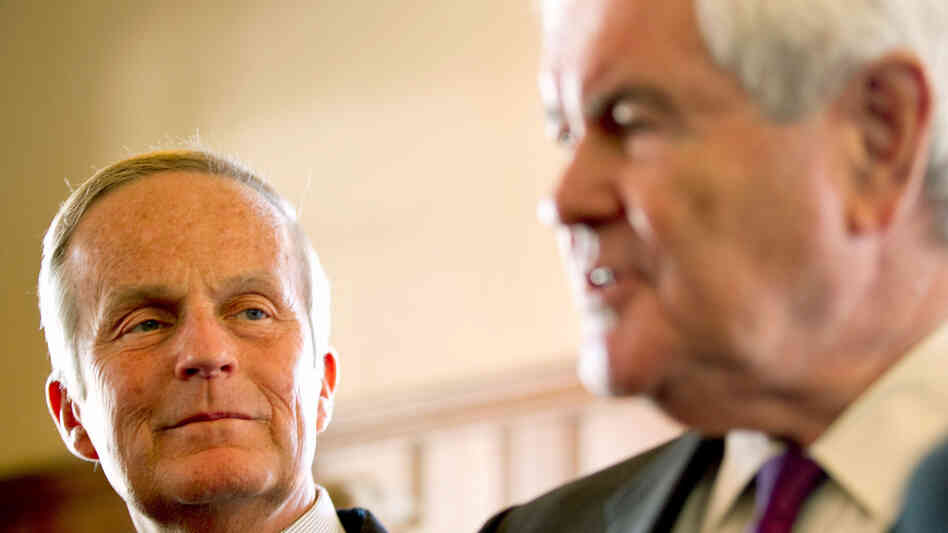 Missouri Senate candidate Rep. Todd Akin is joined by former House Speaker Newt Gingrich at an Akin campaign event Monday in Kirkwood, Mo.