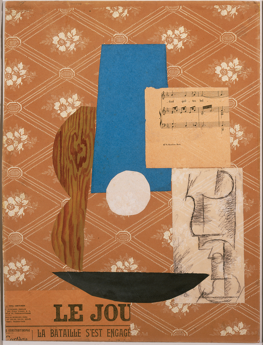 In his 1912 collage Guitar, Sheet Music, and Glass, Pablo Picasso included a fragment of the French paper Le Journal.
