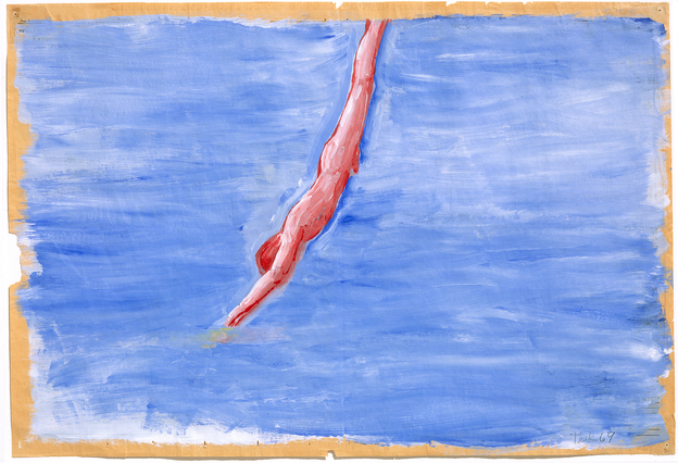In his 1970 work Untitled (Diver), Paul Thek uses acrylic on newspaper. The newspaper buckles under the paint, making waves beneath the diver.