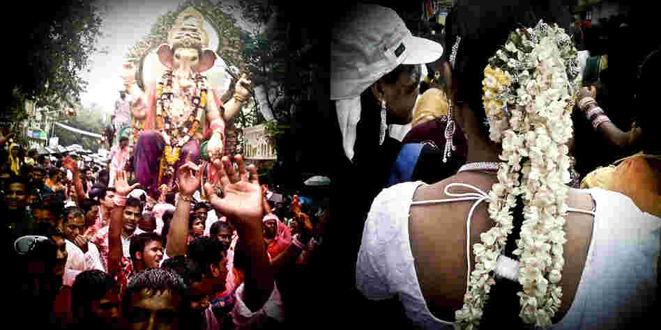 At left, one of the many processions of Lord Ganesh; at right a woman decorates her hair with fresh jasmine.