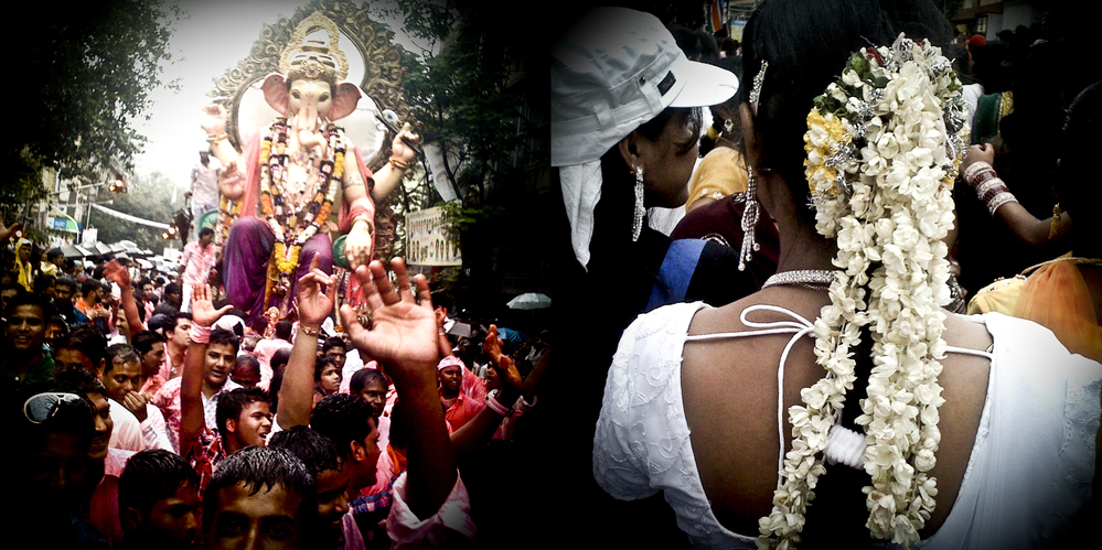 At left, one of the many processions of Lord Ganesh; at right a woman decorates her hair with fresh jasmine.