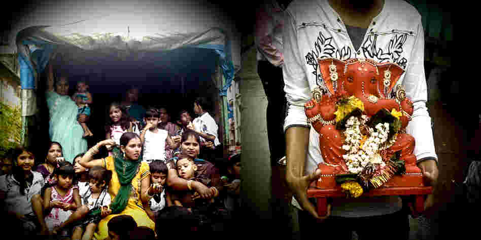 At left, women and children are spared from the monsoon rains; at right, a smaller Ganesh idol decorated with flowers and gold jewelry.
