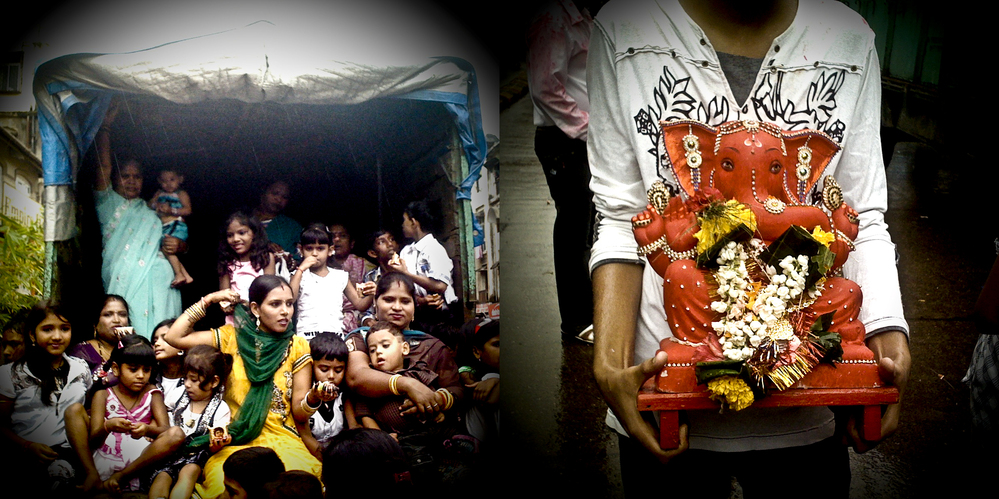 At left, women and children are spared from the monsoon rains; at right, a smaller Ganesh idol decorated with flowers and gold jewelry.