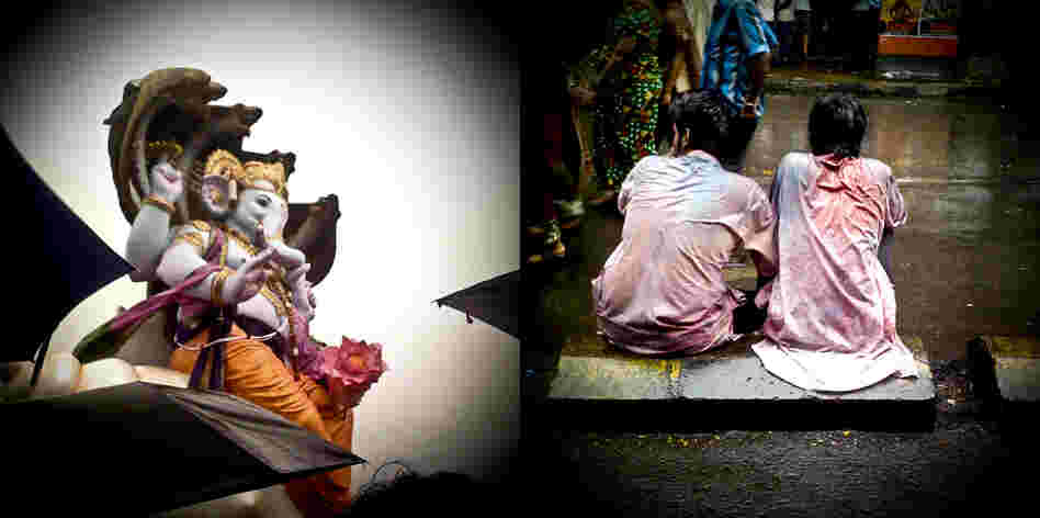 At left, black umbrellas are dwarfed by a Lord Ganesh statue; at right, young revelers take a short reprieve from the mayhem.