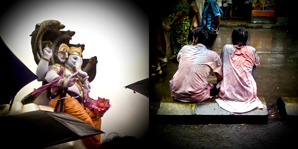 At left, black umbrellas are dwarfed by a Lord Ganesh statue; at right, young revelers take a short reprieve from the mayhem.