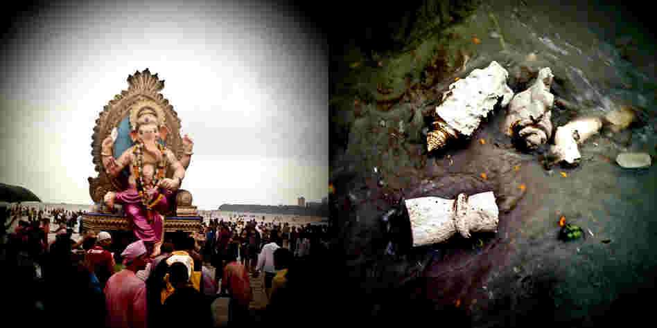 At left, a statue at the base of the Arabian Sea ready to be immersed; at right, pieces of immersed plaster statues scatter the sea front.