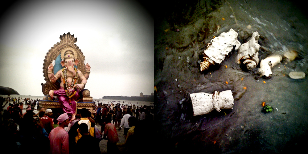 At left, a statue at the base of the Arabian Sea ready to be immersed; at right, pieces of immersed plaster statues scatter the sea front.
