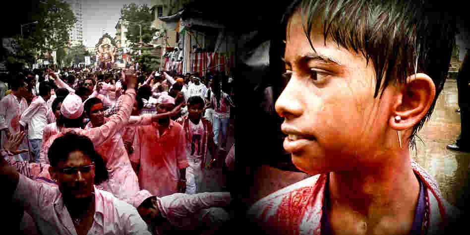 At left, Ganesh devotees dance in front of the idol while leading it to the Arabian Sea, at right, a young reveler covered in red powder and the monsoon rain.