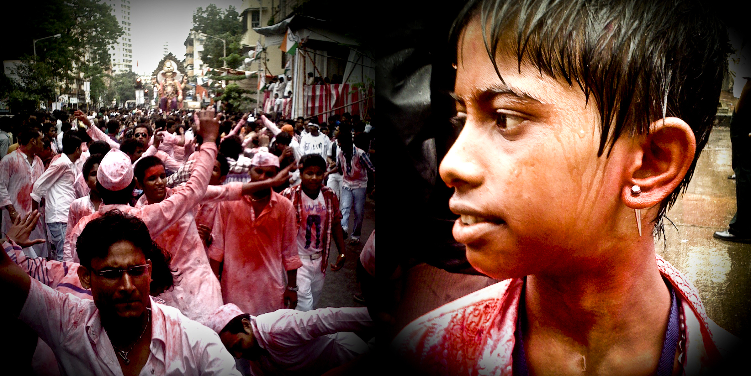 At left, Ganesh devotees dance in front of the idol while leading it to the Arabian Sea, at right, a young reveler covered in red powder and the monsoon rain.