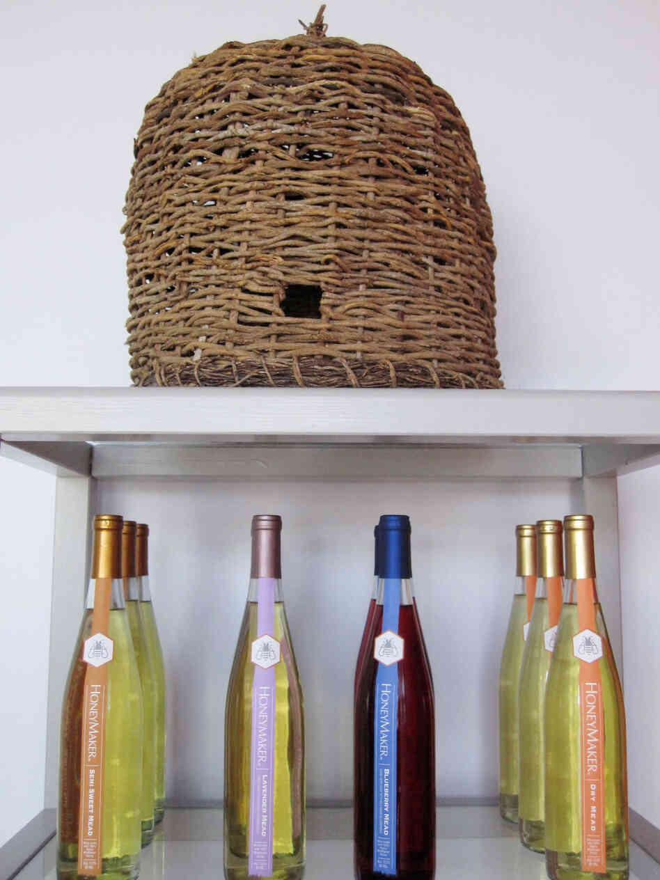 An ancient beehive sits on a shelf at Maine Mead Works meadery in Portland, Me.
