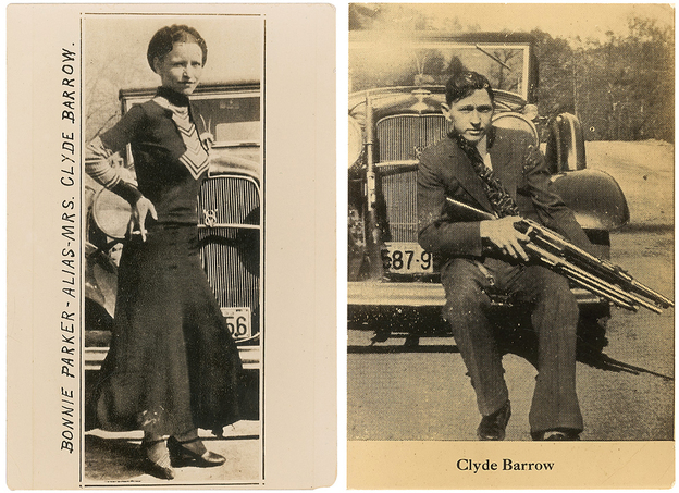 Undated photos show Bonnie and Clyde posing in front of the Ford V8 "flathead" car they favored. The photographs are among the couple's memorabilia up for auction.