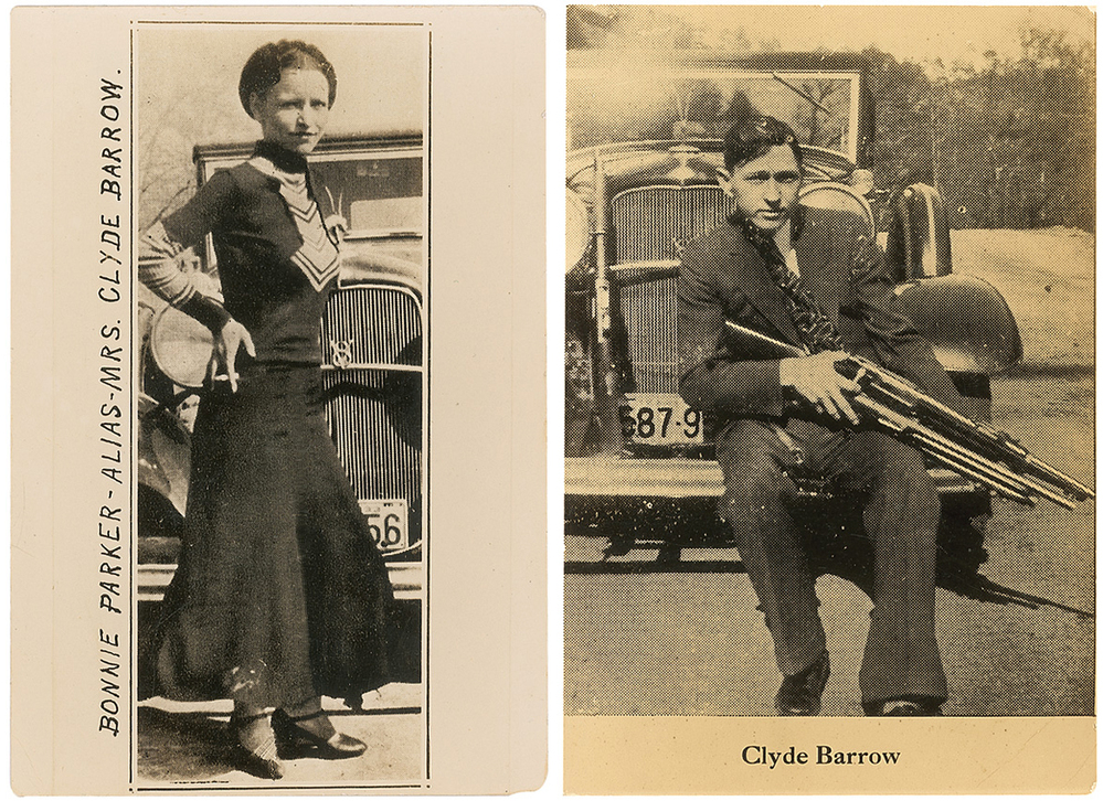 Undated photos show Bonnie and Clyde posing in front of the Ford V8 "flathead" car they favored. The photographs are among the couple's memorabilia up for auction.