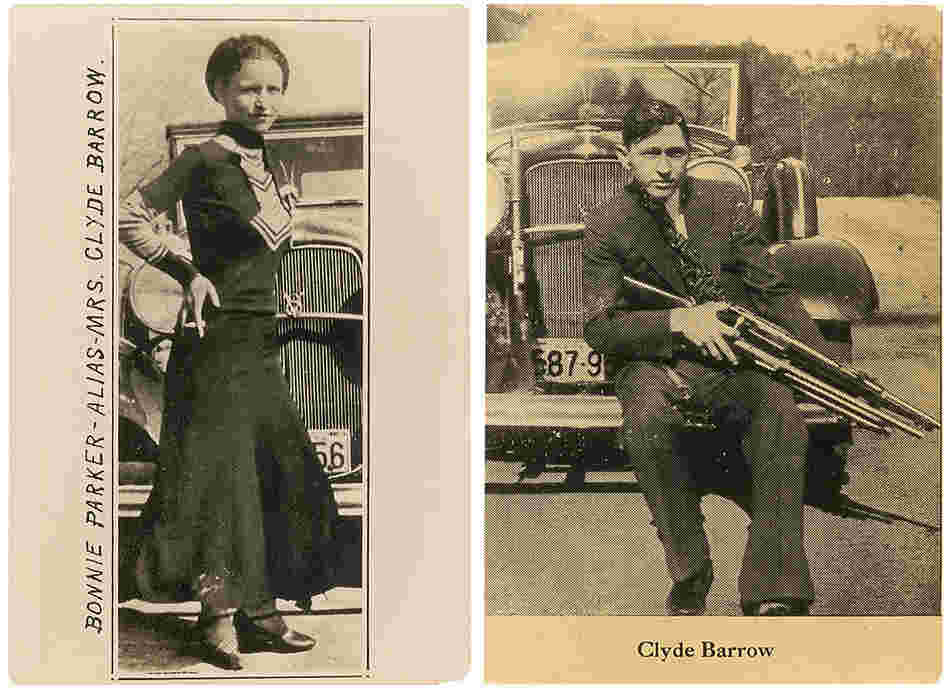 Undated photos show Bonnie and Clyde posing in front of the Ford V8 "flathead" car they favored. The photographs are among the couple's memorabilia up for auction.