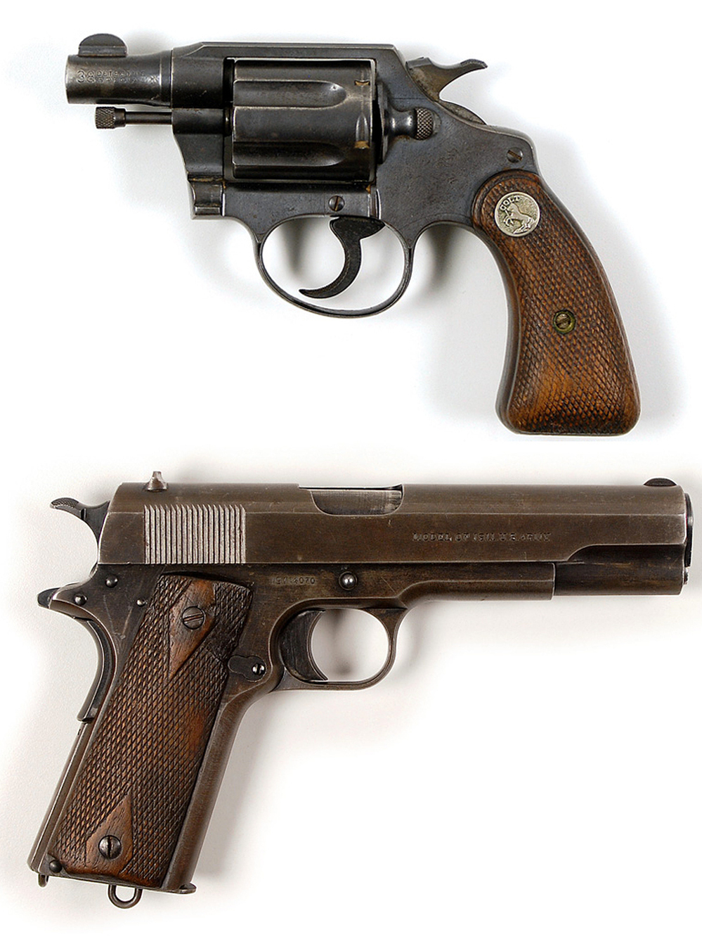 Bonnie Parker had this Colt Detective Special .38 revolver (top) strapped to her thigh when she was killed. Frank Hamer took Clyde Barrow's Colt Government Model 1911 .45 caliber pistol from the waistband of Barrow's body after an ambush on May 23, 1934. The weapons are not shown in accurate scale.