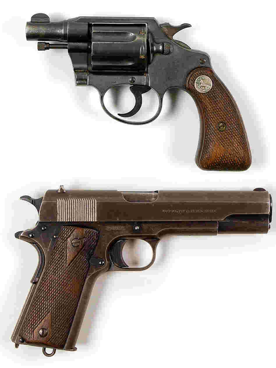 Bonnie Parker had this Colt Detective Special .38 revolver (top) strapped to her thigh when she was killed. Frank Hamer took Clyde Barrow's Colt Government Model 1911 .45 caliber pistol from the waistband of Barrow's body after an ambush on May 23, 1934. The weapons are not shown in accurate scale.