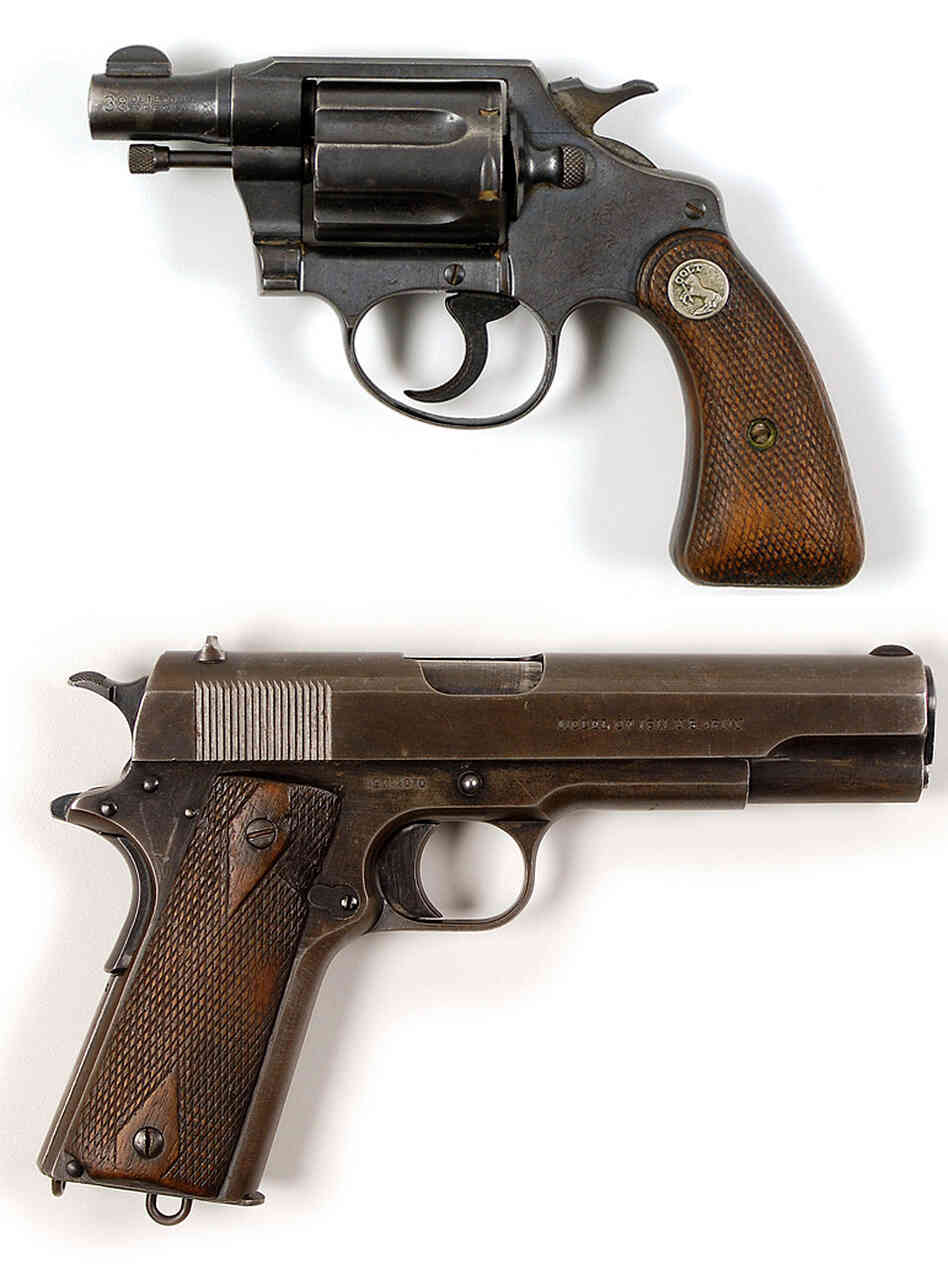 Bonnie Parker had this Colt Detective Special .38 revolver (top) strapped to her thigh when she was killed. Frank Hamer took Clyde Barrow's Colt Government Model 1911 .45 caliber pistol from the waistband of Barrow's body after an ambush on May 23, 1934. The weapons are not shown in accurate scale.