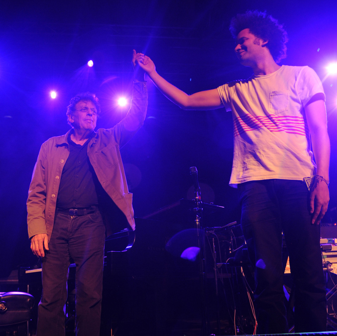 Philip Glass and Tyondai Braxton after their performance at All Tomorrow's Parties in New York City.