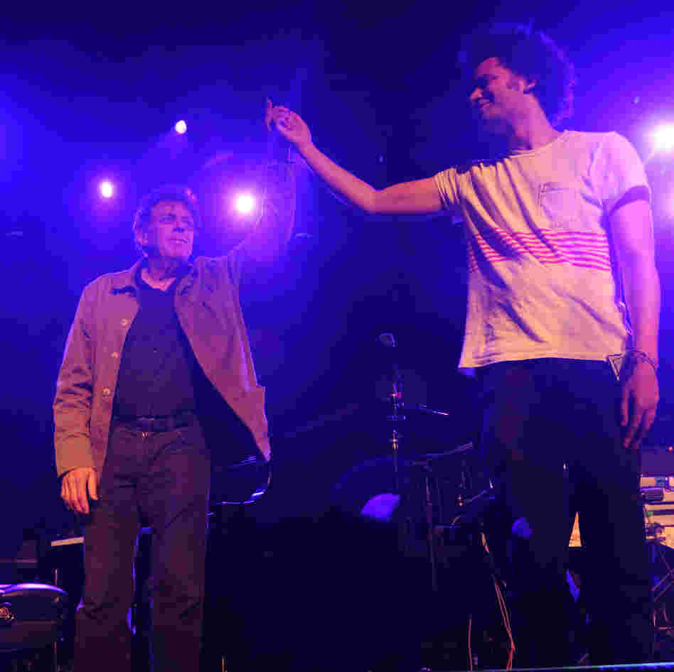 Philip Glass and Tyondai Braxton after their performance at All Tomorrow's Parties in New York City.