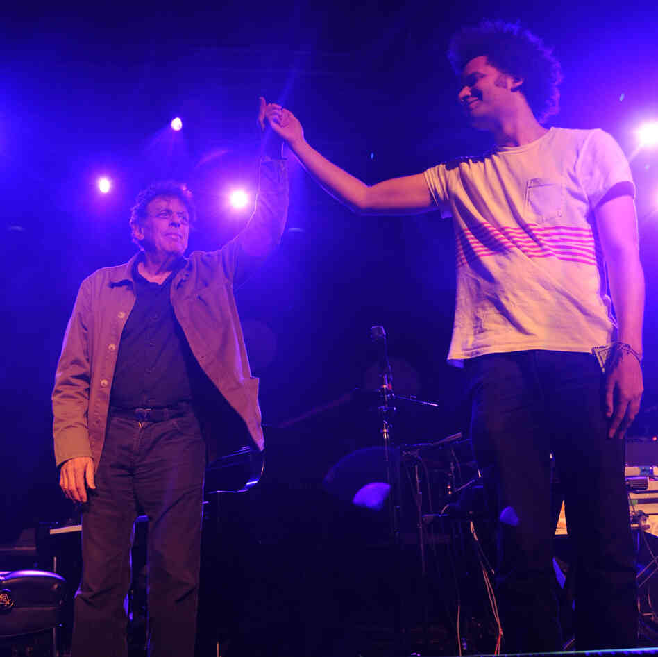 Philip Glass and Tyondai Braxton after their performance at All Tomorrow's Parties in New York City.
