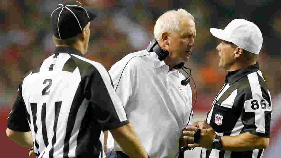 Denver Broncos Coach John Fox yells at field judge Jimmy Buchanan during the Broncos' game against Atlanta Monday. Referring to the game, the NFL insisted that players and coaches give replacement referees, and the game, more respect.