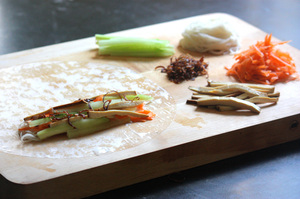 Ingredients for Vegetarian Summer Rolls, ready for rolling in rice paper
