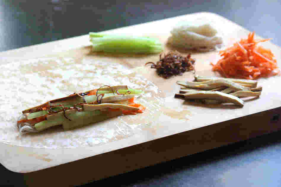 Ingredients for Vegetarian Summer Rolls, ready for rolling in rice paper