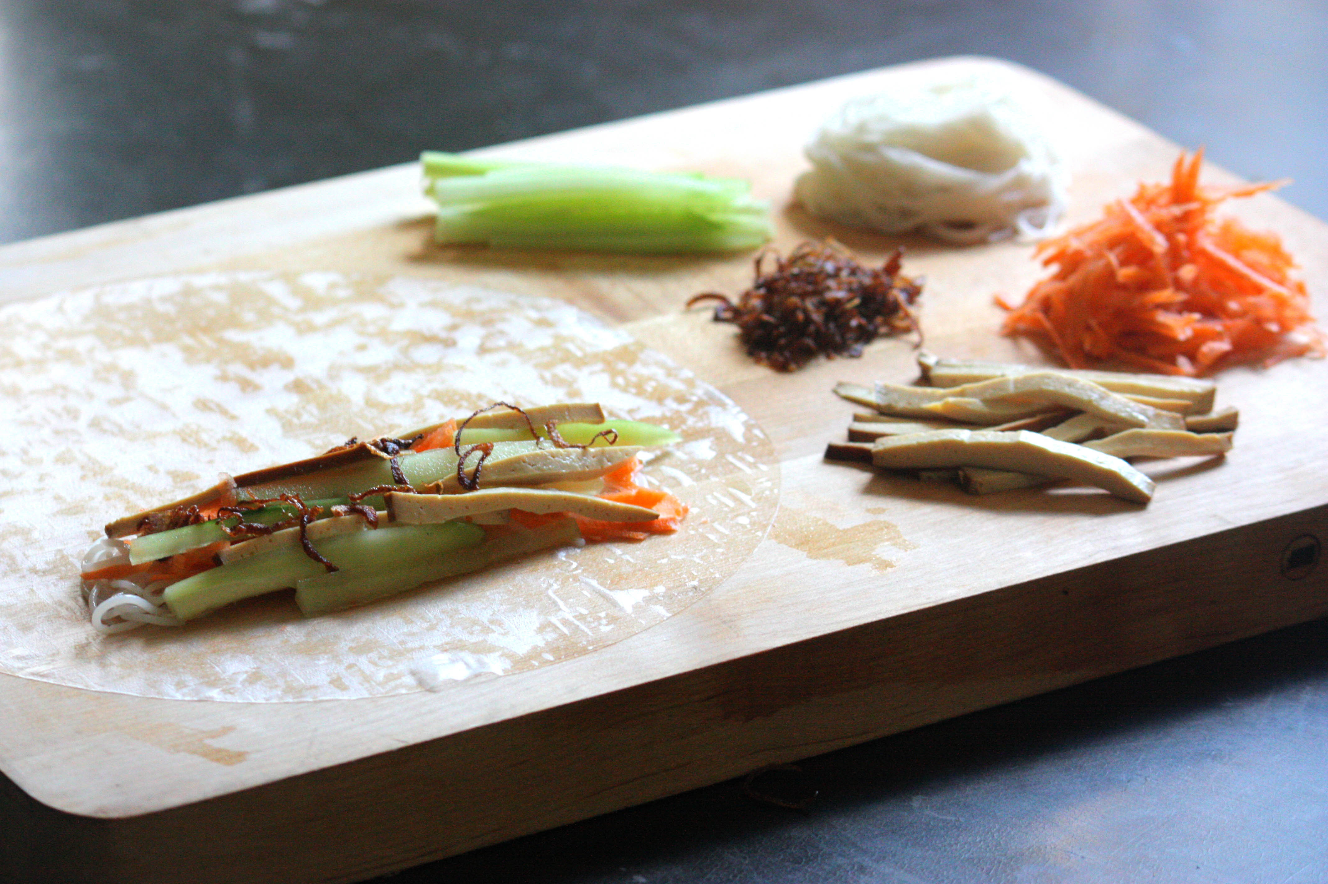 Ingredients for Vegetarian Summer Rolls, ready for rolling in rice paper