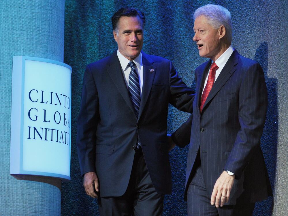 One former president, one would-be: Republican presidential nominee Mitt Romney (left), spoke this morning at former President Bill Clinton's annual forum in New York City. President Obama addresses the Clinton Global Initiative later today.