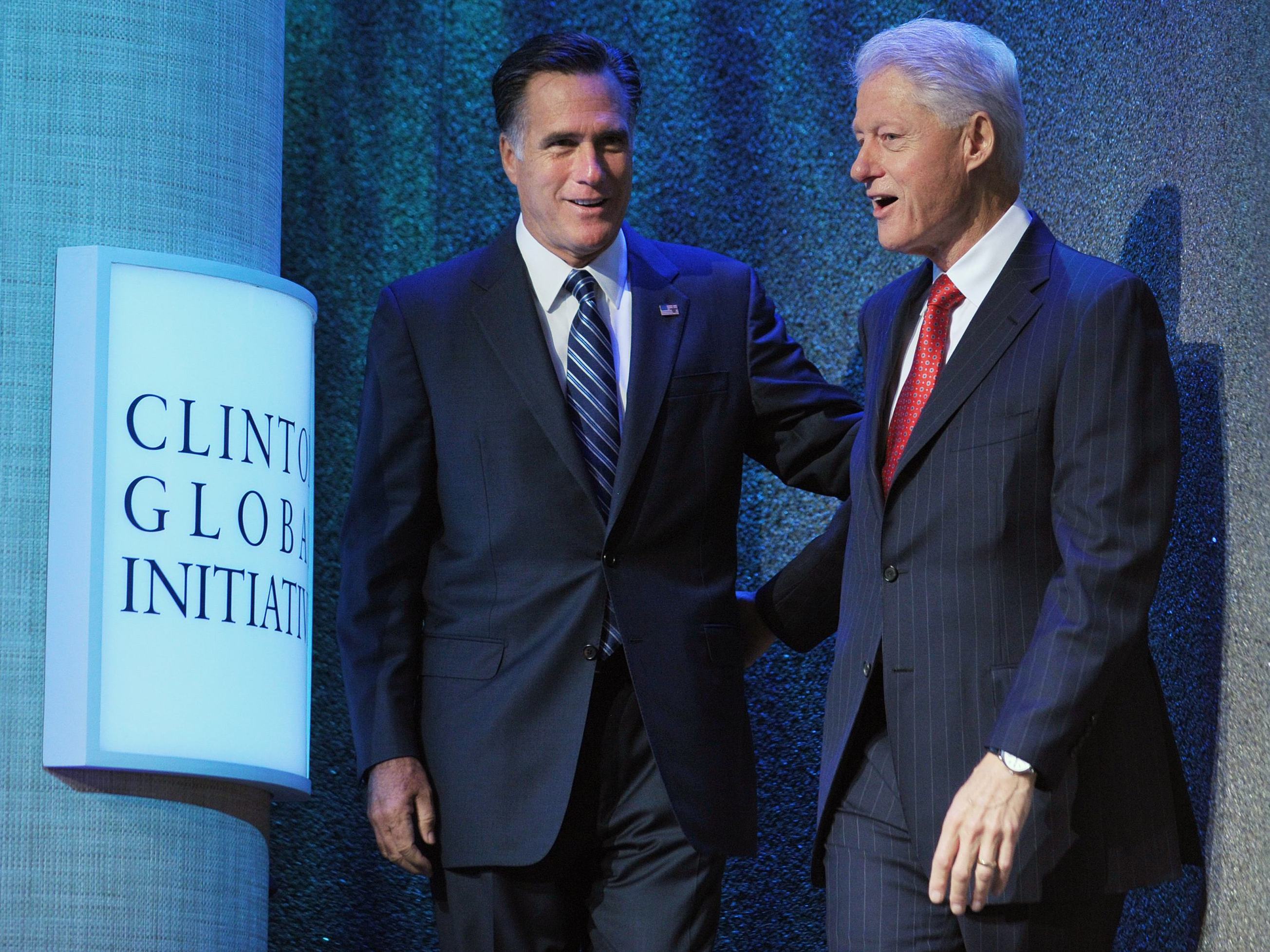 One former president, one would-be: Republican presidential nominee Mitt Romney (left), spoke this morning at former President Bill Clinton's annual forum in New York City. President Obama addresses the Clinton Global Initiative later today.