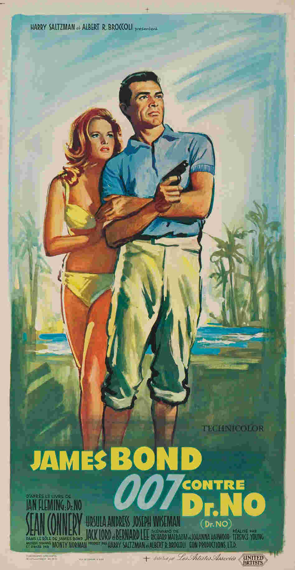 1963: Painted by renowned, Russian-born poster artist Boris Grinsson, this tropical fantasy conveys the tension of Bond and Honey's arrival on Crab Key — Dr. No's Island. Grinsson worked from photographs and his distinctive, painterly style distinguished hundreds of posters for French, American and Italian films. Title translation: James Bond Versus Dr. No.