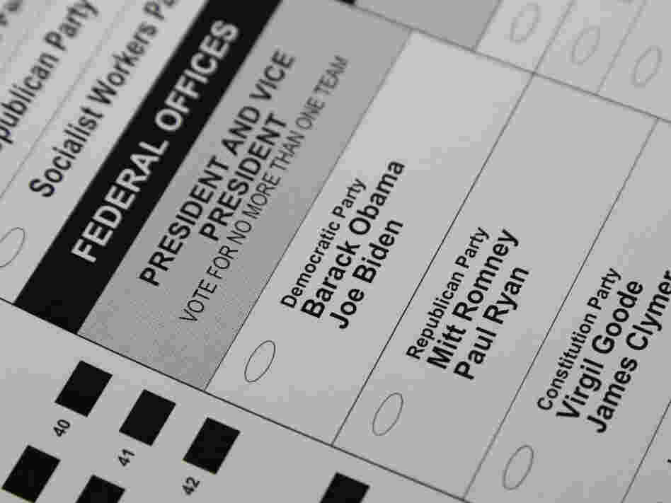The names of candidates for president and vice president are seen on a ballot at the Polk County Election Office on Wednesday in Des Moines, Iowa. Early voting in Iowa begins Thursday. The names of candidates for president and vice president are seen on a ballot at the Polk County Election Office on Wednesday in Des Moines, Iowa. Early voting in Iowa begins Thursday.