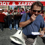 In Athens today, anti-austerity demonstrations began peacefully. Later, protesters threw rocks and petrol bombs. Police responded with tear gas.