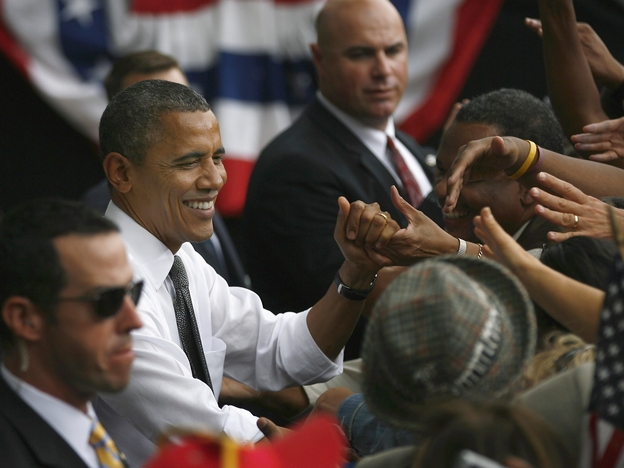President Obama shakes hands after a grassroots rally in Columbus, Ohio.
