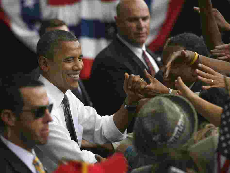 President Obama shakes hands after a grassroots rally in Columbus, Ohio.