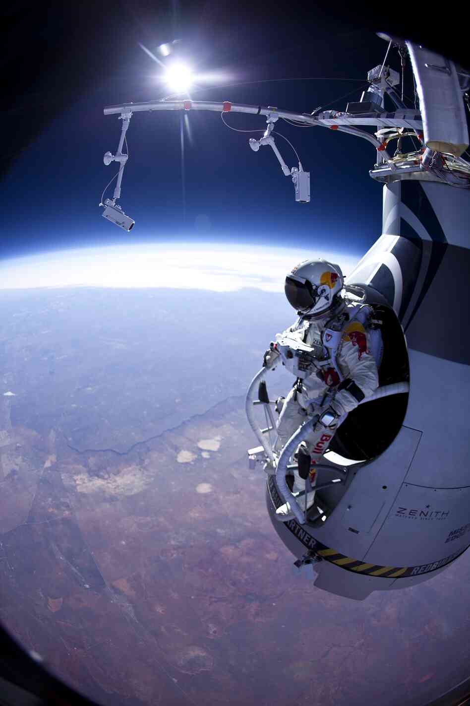 Felix Baumgartner prepares to jump on March 15 from his special capsule above New Mexico.