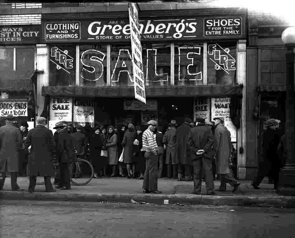 Greenberg's clothing store, fire sale. Date unknown.