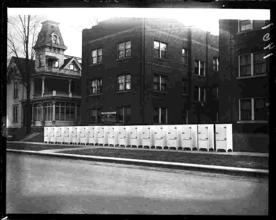 Display of new Norge refrigerators to be installed in the Plaza Apartment Building, January 1933.