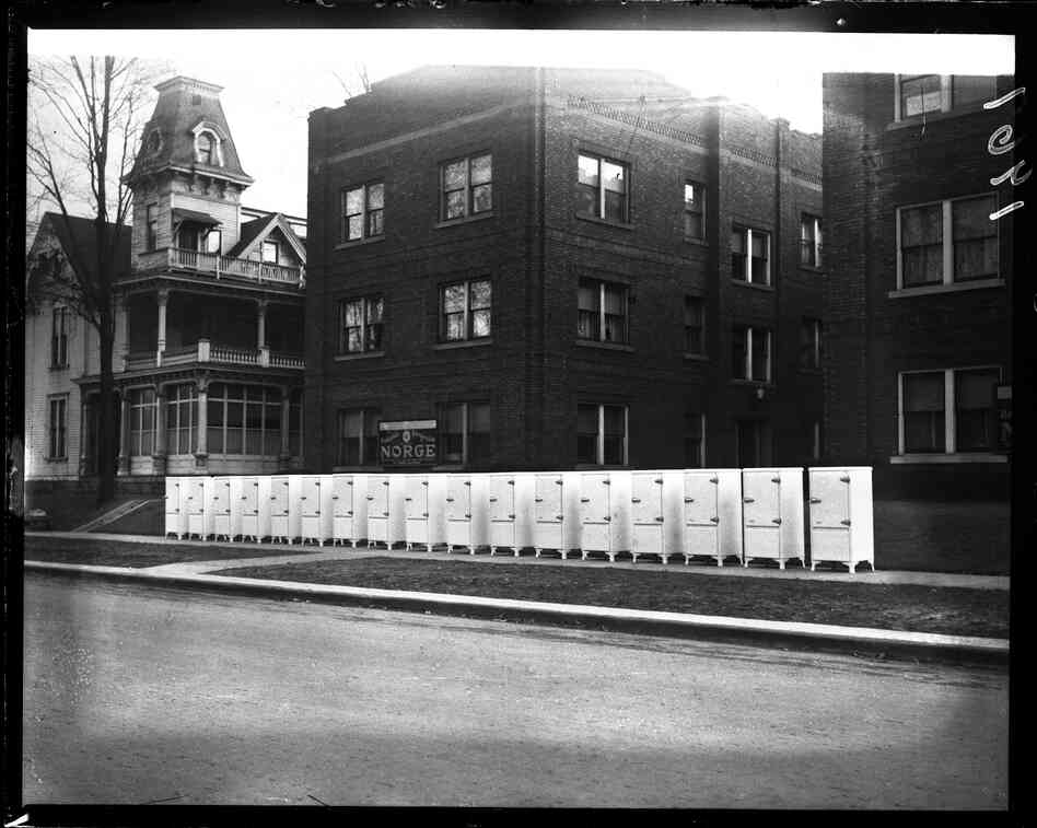 Display of new Norge refrigerators to be installed in the Plaza Apartment Building, January 1933.