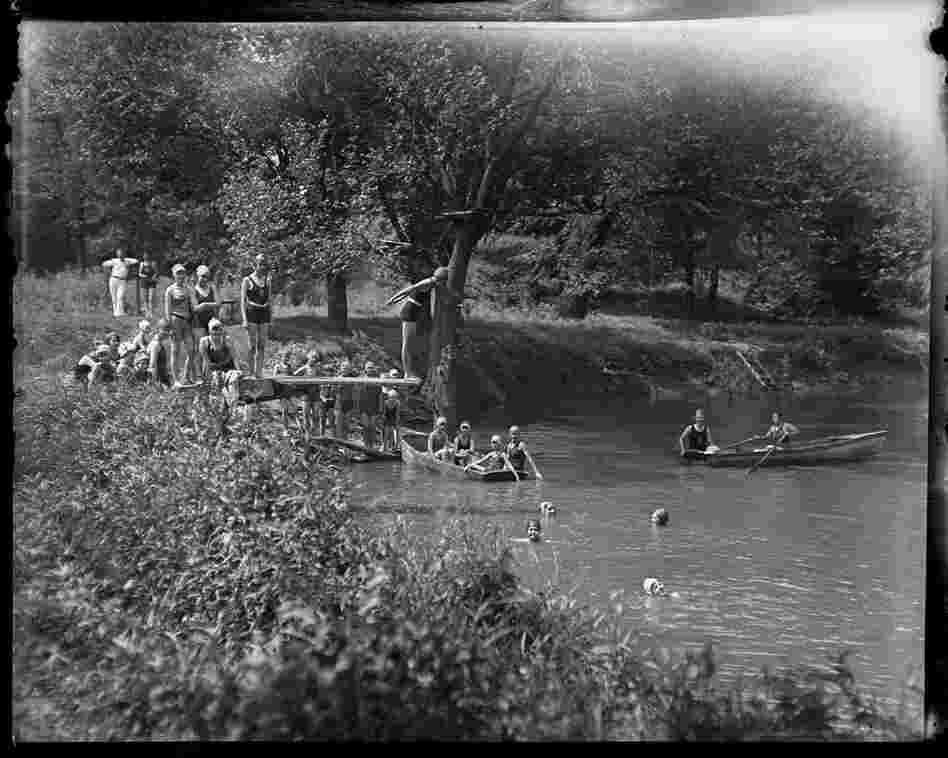 Girl Scouts enjoy a swimming hole at Camp Shuster, July 30, 1929.