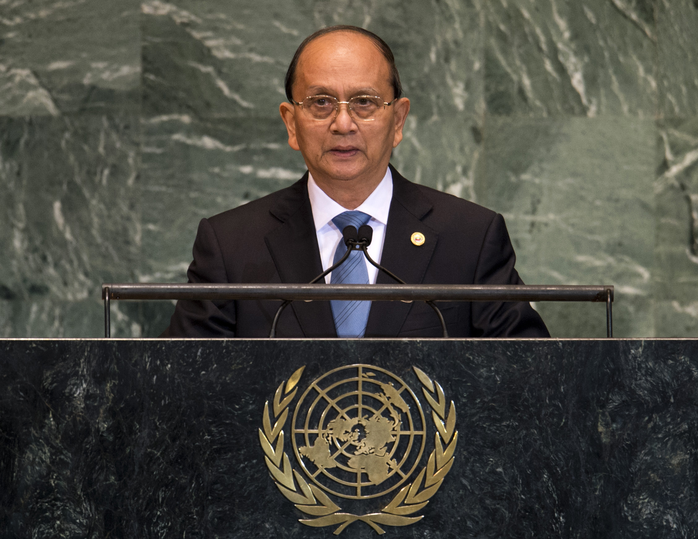 Myanmar President Thein Sein addresses the 67th United Nations General Assembly meeting on Sept. 27