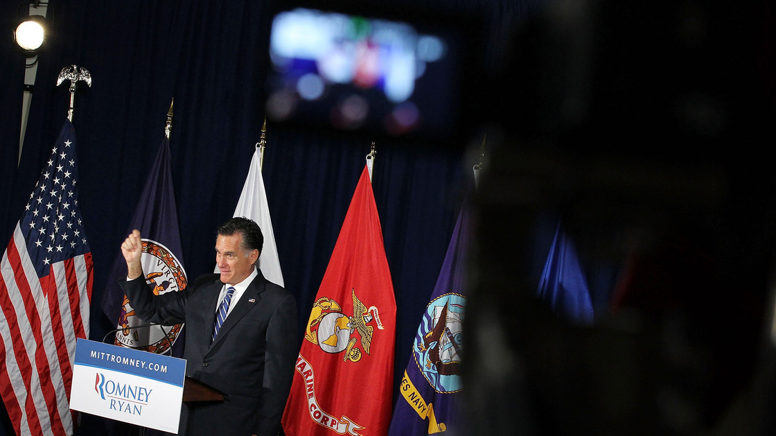 Mitt Romney speaks Thursday at American Legion Post 176 in Springfield, Va.