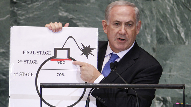 At the U.N. today, Israeli Prime Minister Benjamin Netanyahu used a graphic to show how far he says Iran will be by mid-2013 in a quest to develop nuclear weapons. He drew the red line to mark where he says Iran must be stopped.