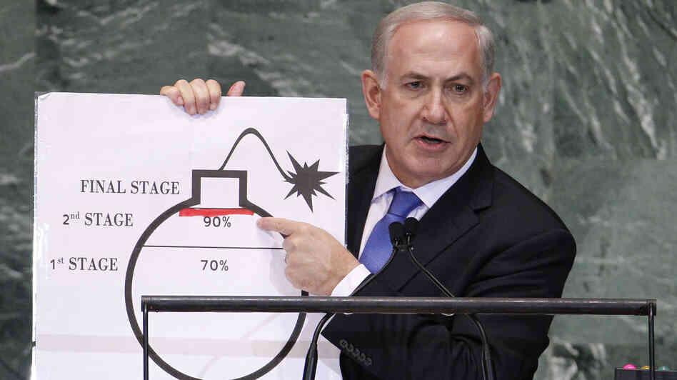 At the U.N. today, Israeli Prime Minister Benjamin Netanyahu used a graphic to show how far he says Iran will be by mid-2013 in a quest to develop nuclear weapons. He drew the red line to mark where he says Iran must be stopped.