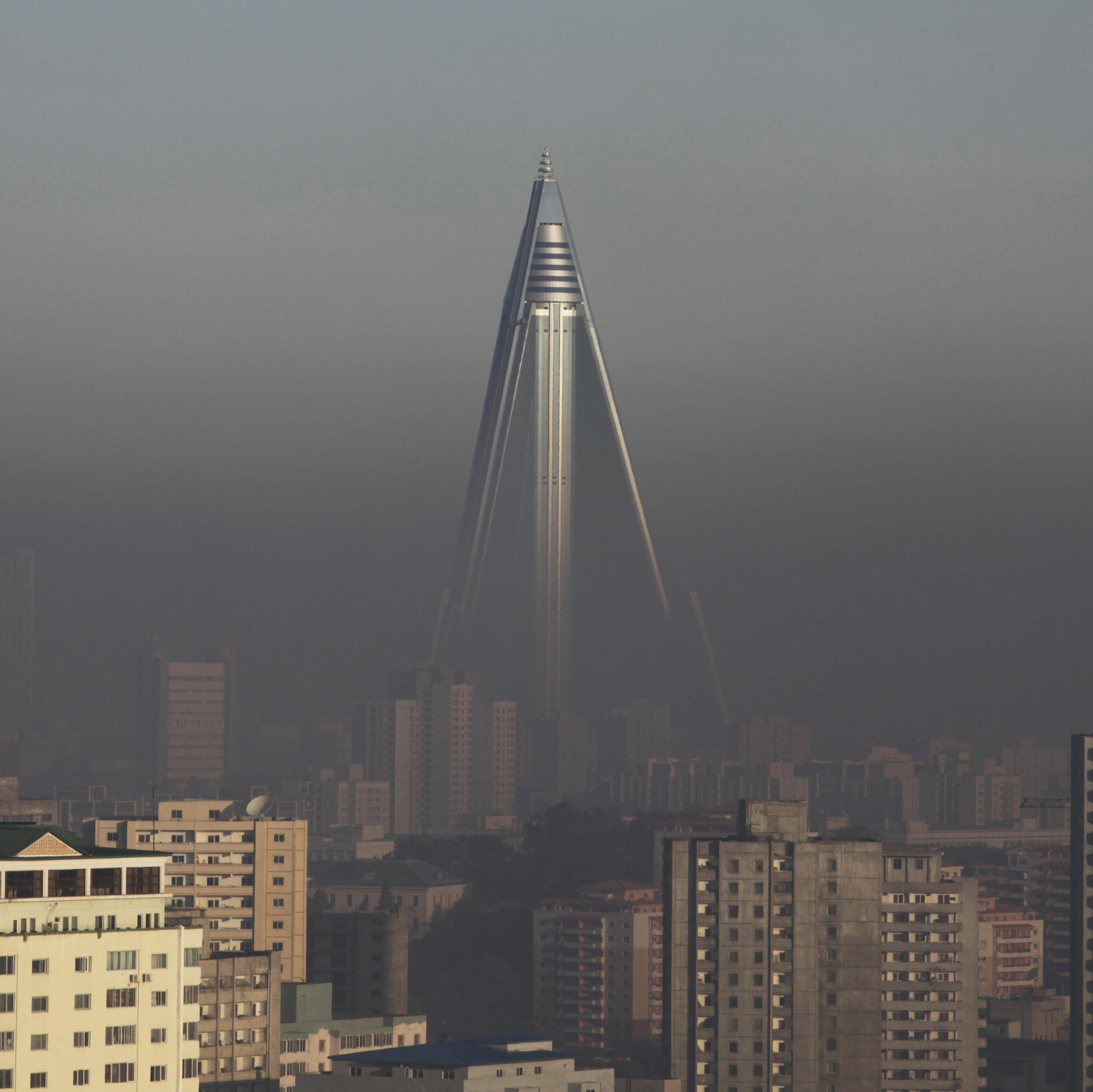 In 2011, The Associated Press released this image of the hotel rising above the smog covering Pyongyang.
