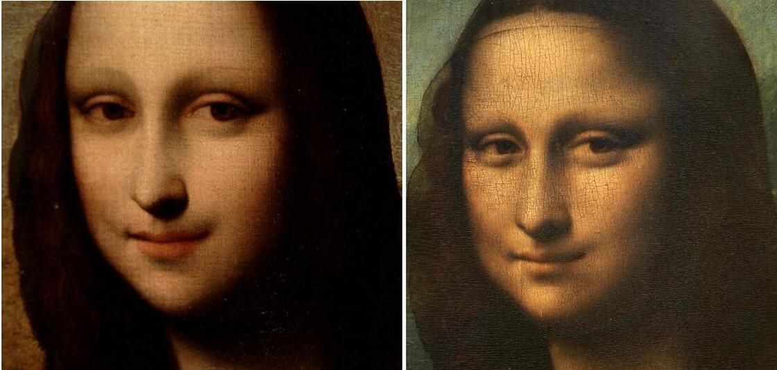 The image that may be an earlier "Mona Lisa" is at left. A closeup from the work hanging in the Louvre is beside it.