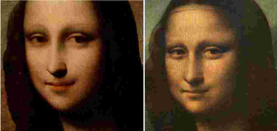 The image that may be an earlier "Mona Lisa" is at left. A closeup from the work hanging in the Louvre is beside it.