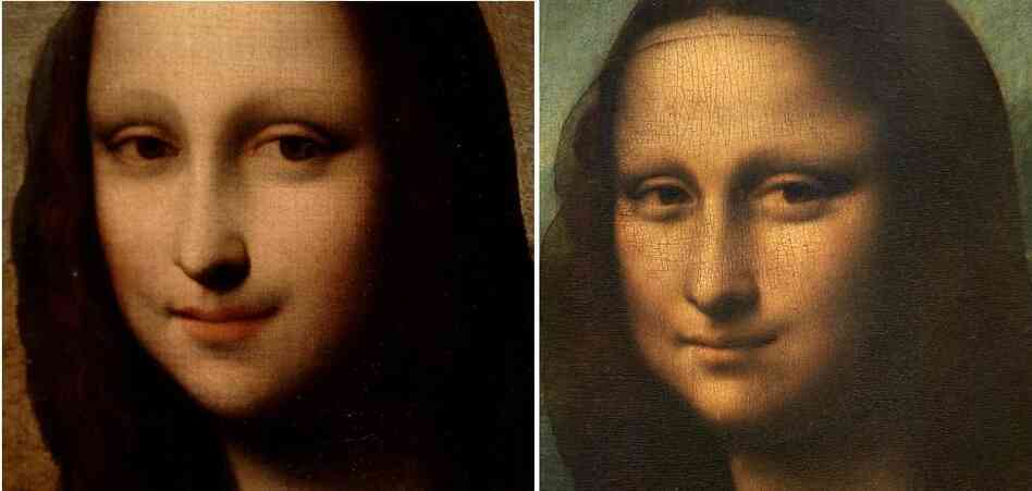 The image that may be an earlier "Mona Lisa" is at left. A closeup from the work hanging in the Louvre is beside it.